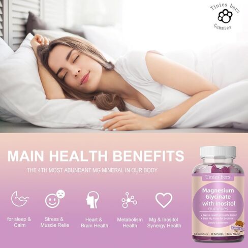 Magnesium Glycinate Gummies 400mg, w/Inositol 500mg for Women, Mineral & VIT B8 for Sleep, Stress & Muscle Relief, Metabolism Health, Sugar Free, No Melatonin, Gluten Free, Non GMO, Vegan, Pectin, 60 in Saudi Arabia