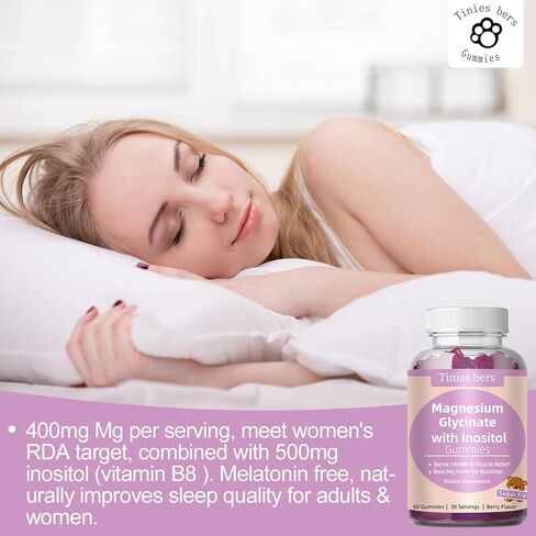 Magnesium Glycinate Gummies 400mg, w/Inositol 500mg for Women, Mineral & VIT B8 for Sleep, Stress & Muscle Relief, Metabolism Health, Sugar Free, No Melatonin, Gluten Free, Non GMO, Vegan, Pectin, 60 in Saudi Arabia