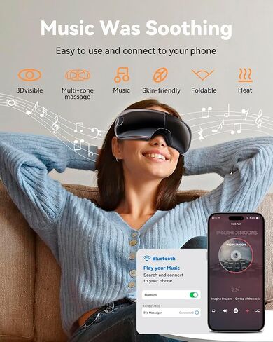 Visible Eye Massager with Heat - Heated Eye Mask Massgaer with Bluetooth Music for Migraines, Massageing Eye Mask for Headache and Insomnia Relief, Cool Gifts for Women, Men (Black) in Saudi Arabia