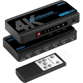 BlueRigger 4K HDMI Switch 5 in 1 Out (4K 60Hz, 5 Port Video Switcher, HDMI Hub, HDR10+, 18Gbps, Selector Box with IR Remote) – Compatible with HDTV, PS5, Xbox, Apple TV, Projector, Blu-Ray