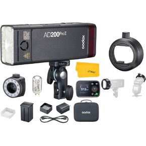 GODOX AD200 Pro II AD200Pro II Strobe Flash, TTL 200W Pocket Flash HSS 1/8000s, One-Tap Wireless Sync, Enhanced Color Screen, with GODOX S-R2 Round Head Accessories Adapter