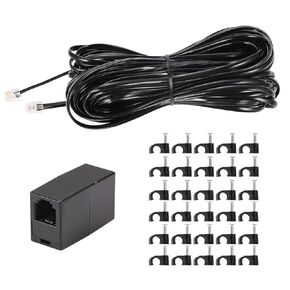 Vthahaby Telephone Extension Cord Phone Cable Line Wire, 20 FT, Black, with Standard RJ11 Plug and 1 in-Line Couplers and 15 Cable Clip Screw for Calling Communication