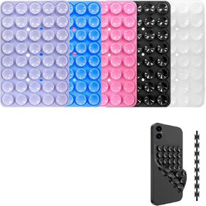 5 Pack Silicone Double-Sided Suction Cup Phone Case Detachable Mount, Hands-Free Strong Grip Holder Stand for Selfies and Videos (Black+Pink+Purple+Blue+Transparent)