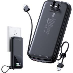 Portable-Charge-Power-Pank-15000mah Power Bank يدعم PD 30W شحن سريع في الجدار المدمج في AC وكابلات الإخراج 2 مع عرض LED لجهاز iPhone iPad ومعظم الأجهزة الإلكترونية (أبيض)