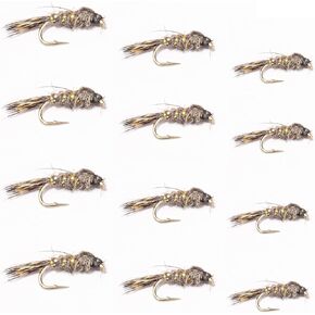 Hares Ear Nymph Fly 12 Pack - Size 14-18 Wet Fly Fishing Accessories, Trout Flies, Assortment Box and Tools, Flies for Fishing for Bass and Panfish, Nymphs