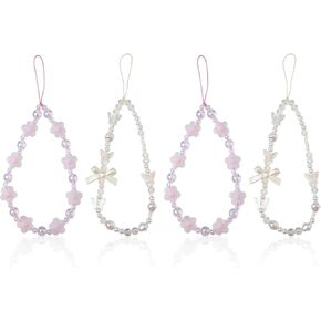 4pcs Beaded Phone Charms, 2 Styles Cute Mobil Phone Bracelet Strap Aesthetic Crystal Cell Phone Keychain Phone Wrist Lanyard for Women Girls (Pearl Bow, Purple Flower)