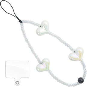 Phone Charm Wrist Strap with Tether Tab, Detachable Anti-Theft CellPhone Charms Strap, Hands-Free Decorative Phone Chain Lanyard for Women Girls, Compatible with Most Smartphones (white pearl hearts)