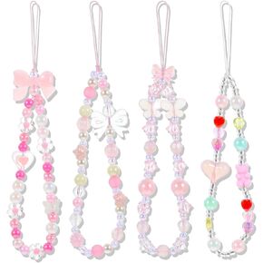 4 Pcs Beaded Camera Wrist Strap Pink Cute Beaded Wrist Strap Aesthetic Y2K Cell Keychain for Mobile Phones Bag Pendants Decor Wallet Keychain Women Festival Gifts 7.87 Inches Polyester