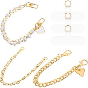 6 Pcs Phone Charms Strap Double Beaded Phone Strap Wrist Lanyard Pearl Beaded Wrist Straps Anti Lost Metal Bag Replacement Handbag Chain Purse Making Supplies For Women, Gold White