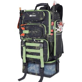 ayamaya Fishing Backpack with Cooler, 45L Tackle Backpack with Rod Holders & Insulated Lunch Bag, Large Outdoor Fishing Bag for 4 Tackle Boxes & Gears
