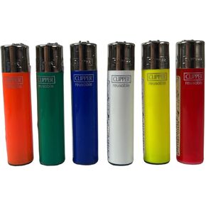 6 Clipper Solid Colors Reusable Reflintable Lighters as Shown Regular Size, Yellow,orange,blue,white,green,red