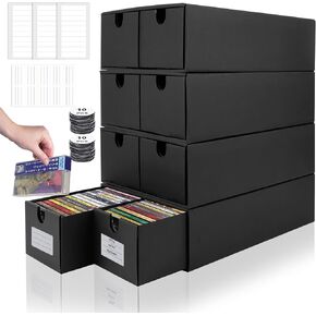 AOBOPLE Cassette Tape Storage Box,4 Pack Cassette Tape Holder Holds 144 Cases,Stackable Cassette Rack with Lids and Index Labels Media Storage Organizer