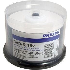 Philips Brand Blank DVD-R 16x Disc, 50 Pack. White Inkjet Printable Top Surface, Metalized Hub. Cake Box Spindle Pack. 4.7GB 120 min.