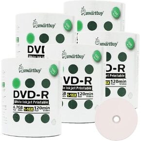 Smart Buy 500 Pack DVD-R 4.7gb 16x White Printable Inkjet Blank Media Record Disc, 500 Disc 500pk