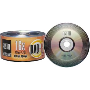 50 Pack Arita DVD-R 16X 4.7GB/120Min Branded Logo Top Write Once Blank Media Record Disc