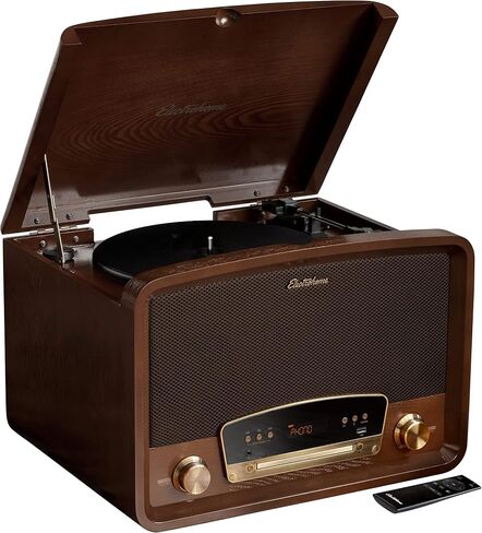 Electrohome Kingston 7-in-1 Vintage Vinyl Record STEREO STEREO مع 3 سرعات القرص الدوار ، بلوتوث ، راديو AM/FM ، CD ، AUX In ، RCA/Headphone Out ، Vinyl/CD لتسجيل MP3 وتشغيل USB (RR75) in Kuwait