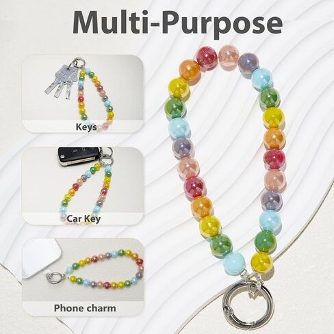 Phone Charm Strap, Glass Pearl Beaded Bracelet with Tether Tab & Metal Buckle for Cellphone, Wrist Keychain for Car Keys with D Ring for Women. in Kuwait