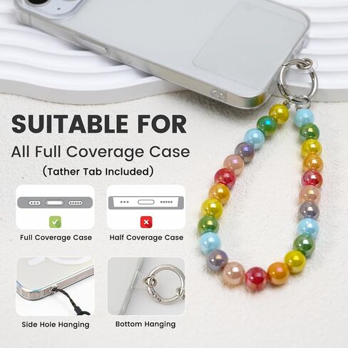 Phone Charm Strap, Glass Pearl Beaded Bracelet with Tether Tab & Metal Buckle for Cellphone, Wrist Keychain for Car Keys with D Ring for Women. in Kuwait