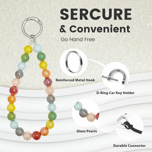 Phone Charm Strap, Glass Pearl Beaded Bracelet with Tether Tab & Metal Buckle for Cellphone, Wrist Keychain for Car Keys with D Ring for Women. in Kuwait