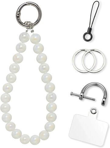 Phone Charm Strap, Glass Pearl Beaded Bracelet with Tether Tab & Metal Buckle for Cellphone, Wrist Keychain for Car Keys with D Ring for Women. in Kuwait