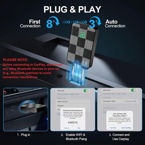 Wireless CarPlay Adapter for iPhone - Mini Plug & Play Auto Connect, 5GHz WiFi Low Latency, iOS 10+ Compatible Most CarPlay Cars (Black) in Saudi Arabia