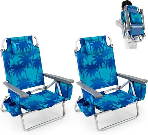 Giantex Folding Beach Chair, Patio Sling Chairs with 5 Adjustable Position, Head Pillow, Storage Bag, Towel Bar, Cup Holders, Backpack Chairs for Sunbathing, Camping Chair in Saudi Arabia
