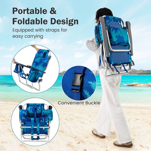 Giantex Folding Beach Chair, Patio Sling Chairs with 5 Adjustable Position, Head Pillow, Storage Bag, Towel Bar, Cup Holders, Backpack Chairs for Sunbathing, Camping Chair in Saudi Arabia