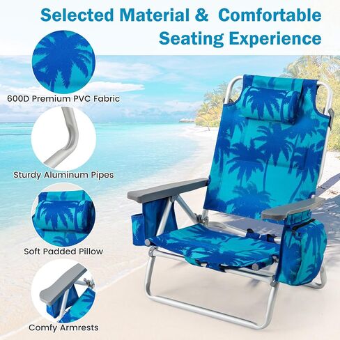 Giantex Folding Beach Chair, Patio Sling Chairs with 5 Adjustable Position, Head Pillow, Storage Bag, Towel Bar, Cup Holders, Backpack Chairs for Sunbathing, Camping Chair in Saudi Arabia