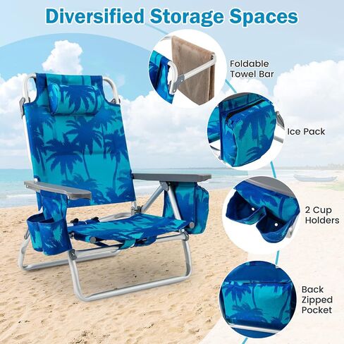 Giantex Folding Beach Chair, Patio Sling Chairs with 5 Adjustable Position, Head Pillow, Storage Bag, Towel Bar, Cup Holders, Backpack Chairs for Sunbathing, Camping Chair in Saudi Arabia