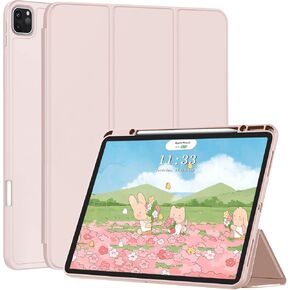Shockproof Case for iPad Pro 11 inch 2024(M4),iPad Pro 11 inch Case A2837/A3006 TPU Back Cover with Pencil Holder,Trifold Stand Lightweight Cover with Pencil Charging,Auto Sleep/Wake,Pink