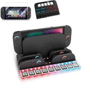 growalleter Charging Station for Nintendos Switch 2 Charging Dock with Ambient Light, HD Tempered Film, Charging Station for 4 Joy-Con, Host Storage & 9 Game Card Holder, Overcharge Protection & Smart RGB Lighting