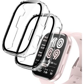حزمة Ewuonu 2 متوافقة مع Amazfit Bip 6 Case ، واقي الشاشة الزجاجي المقسّر مع غطاء المصد من الكمبيوتر الشخصي HD Cover Cover Cover Full Cover for Men Women Watch Excessories ، Black+Clear