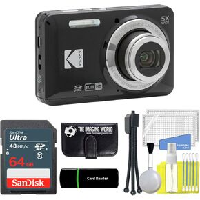 Kodak PIXPRO FZ55 Black 16MP Digital Camera 5X Optical Zoom 28mm Wide Angle 1080P Full HD Video 2.7" LCD Camera + 64GB Card and Reader + Memory Wallet + Tripod + Cleaning Bundle