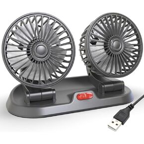Adjustable Dual Head Car Cooling Fan-Brushless Motor-2 Speeds, 360 Rotation, for Car Dashboard, SUV/RV/Truck/Sedan/Cruise/Office, USB Powered (White)