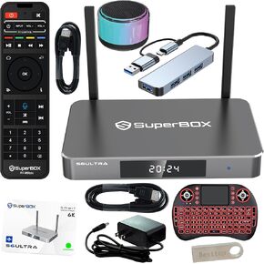 Latest Super Bundle Box S-6 Ultra 2025 with Large Capacity 4G+128G, 4 in 1 Docking Station, 1 Voice & 1 Full Keyboard Remote, Bluetooth Speaker, 64GB USB Flash Drive