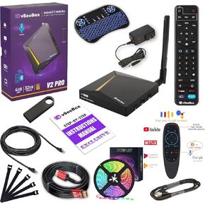 V See 2025 V2 Pro Kit with Remote, Keyboard, Strip Lights, HDMI & Ethernet Cables, and Accessories.