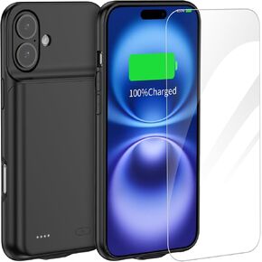 Battery Case for iPhone 16, 7000mAh Portable Charging Case with Screen Protector, Heavy Duty, Data-sync Supported, Compatible with iPhone 16 (6.1-inch),Black