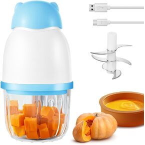 Baby Food Maker, Cordless Food Processor Puree Blender with 350ml Glass Bowl ＆ 6 Sharp Blades, Small Wireless Chopper Baby Puree Maker, Mini Rechargeable Chopper Kitchen Mixer for Fruit,Vegetable,Meat