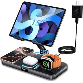 30W Foldable Charging Station for Multiple Devices A pple, iPad Charging Station with Clock Display & Night Light for iPhone 16 Pro Max/15/14/iWatch/Air-pods/iPad/Tablet Stand Holder
