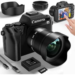 Digital Camera for Photography, 8K 64MP WiFi Dual-Lens Vlogging Camera for YouTube with 16X Digital Zoom, Flash,Touch Screen,32GB TF Card,Lens Hood,HDMI Output & 3000mAH Battery(Black)