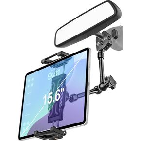 woleyi Car Rearview Mirror Tablet Holder Clip - [Metal Arm] Rear View Mirror Tablet Mount for Car Accessories with 360 Rotatable and Retractable for iPad Pro 13 Air Mini, Galaxy, Fire, 6-15.6" Devices