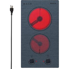 Karinear 2 Burners Electric Cooktop 110v, 12 Inch Electric Stove Top Knob Control, Built-in Countertop Ceramic Cooktop with Beautiful Pattern Glass Surface, 110v Outlet Plug