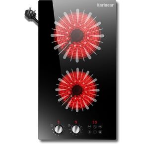 Karinear 110V Electric Cooktop 2 Burners, 12 Inch Electric Stove with Plug in, Countertop & Built-in Ceramic Stove Top, Knob and Sensor Touch Control, Multifunctional Radiant Stove(Silver knob)
