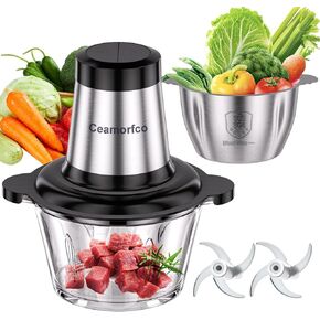 Food Processor, 2-Speed Vegetable Chopper with Upgraded 8 Cup Stainless Steel & Glass Bowls, Electric Food Chopper for Fruit/Meat/Nuts/Vegetables, Meat Grinder - Includes 2 Sets of Blades