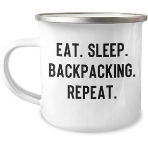 Backpacking Gifts from Friends for Men, Women, or Family - Eat. Sleep. Backpacking. Repeat. Camping Mug, 12 oz, Stainless Steel with Enamel Finish, Christmas Unique Gifts