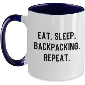Backpacking Enthusiasts Eat. Sleep. Backpacking. Repeat. Two Tone Coffee Mug for Christmas Unique Gifts from Back to the Trail
