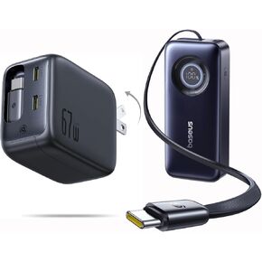 Baseus Enercore Retractable USB C Charger, 67W 3 in 1 Fast Charging Block with Foldable Plug Bundle with Baseus Enercore 20000mAh Power Bank Built-in 67W Retractable USB C Cable