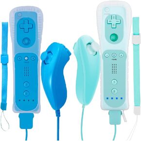 وحدة تحكم Wii ، 2 حزم وحدة تحكم Wii و Wii nunchuck من أجل وحدة التحكم Wii و Wii U ، مع علبة السيليكون وحزام المعصم (الماء الأزرق + الأزرق الفاتح)