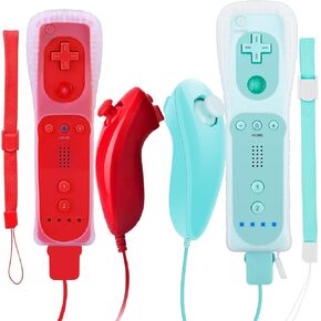 Wii Controller, 2 Packs Wii Controller and Wii Nunchuck for Wii and Wii U Console, with Silicone Case and Wrist Strap (Red + Water Blue)