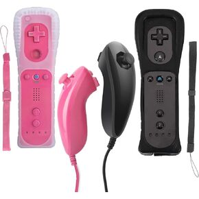 Wii Controller and Nunchuck Set, 2 Packs, with Silicone Case and Wrist Strap (Black + Pink)